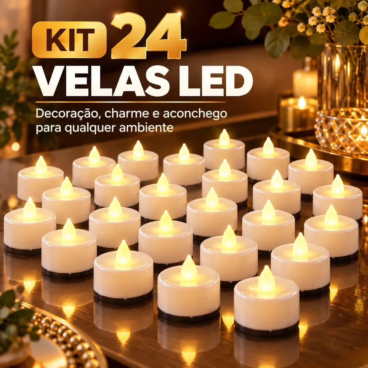 Kit 24 Mini Velas LED Decorativas Artificial Luz Quente A Bateria Festa Eventos Residencia
