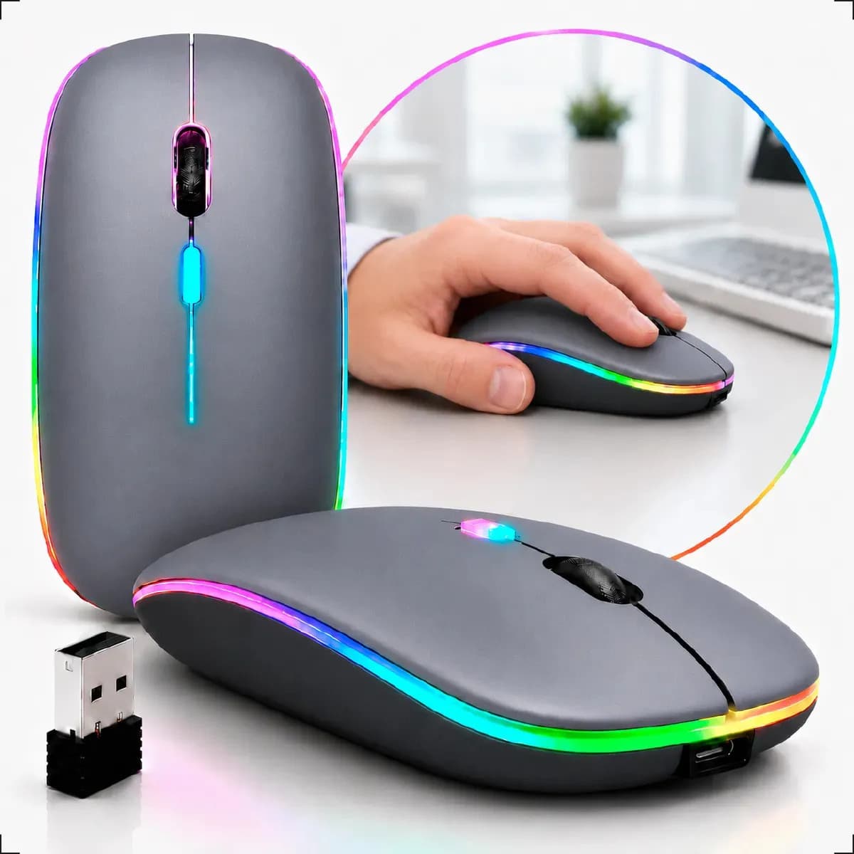 Mouse Sem Fio Recarregável Wireless Optico Led Rgb Ergonômico Sem Fio Para Pc Desktop Notebook Tablet Smartphone Cinza