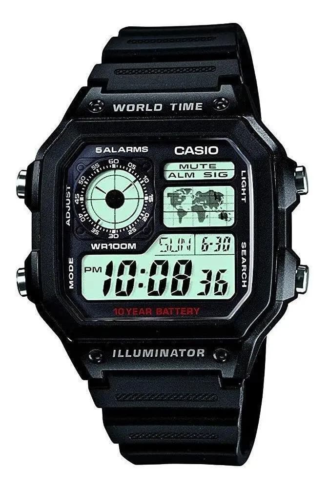 Relógio Casio AE-1200WH-1A Masculino Mundial Quadrado 5 Alarmes Cor da correia Preto