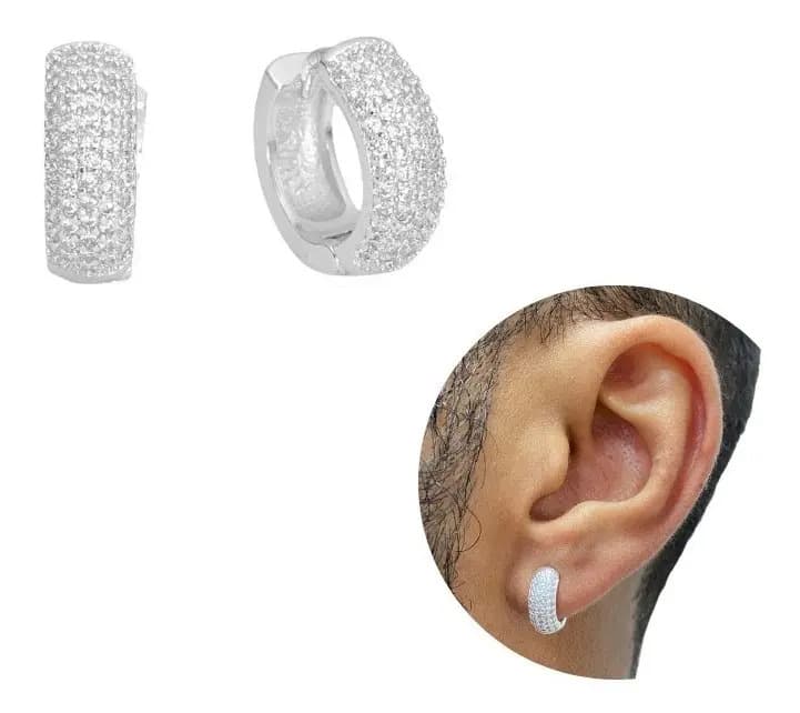 Brinco Prata 925 Argola Masculino Cravejado Zircônia Banhado Cor Prateado