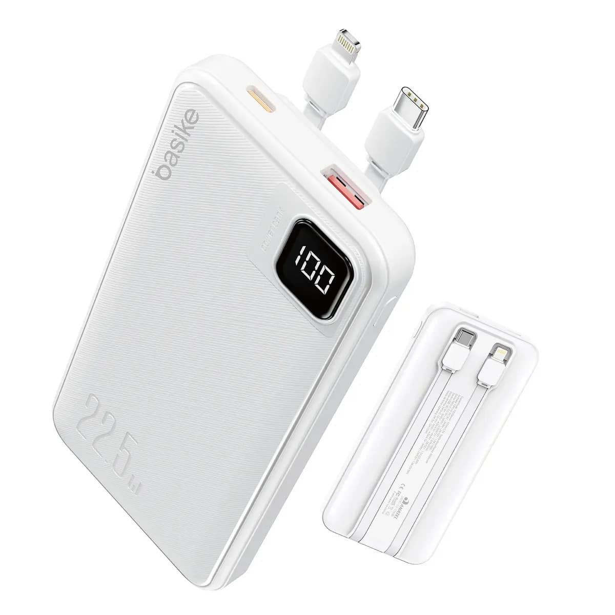 Power Bank Basike 10000mAh Branco, Carga Rápida 22.5W para iPhone e Samsung, Com Cabos Embutidos e Display