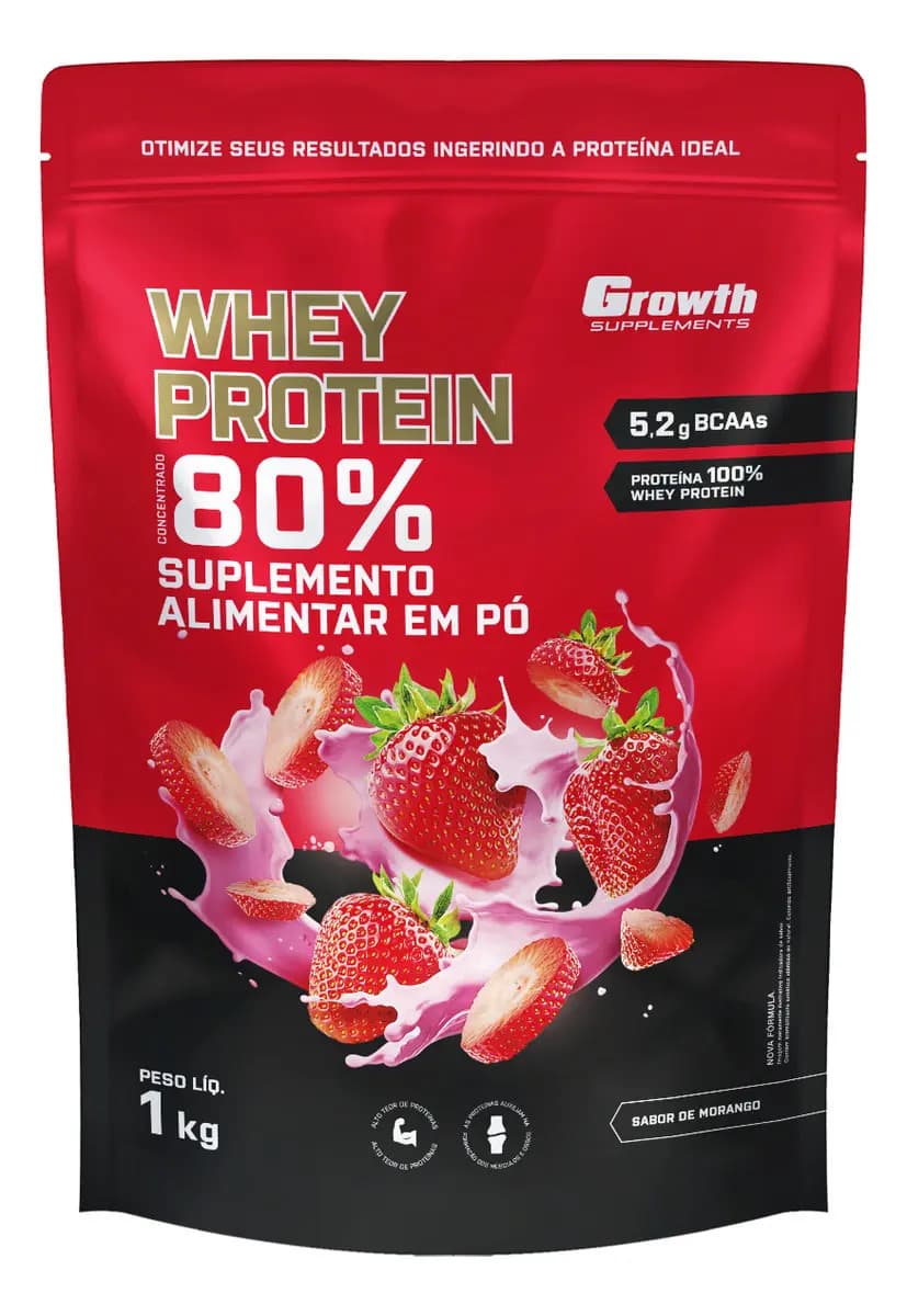 Suplemento em pó Growth Supplements Whey Protein Concentrado sabor Morango 1 kg
