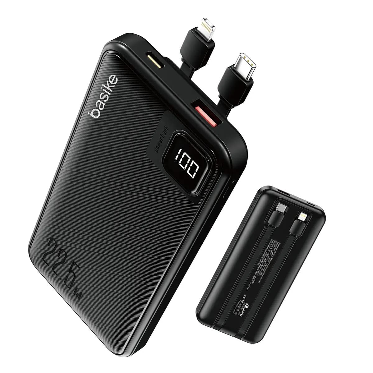 Power Bank Basike 10000mAh Preto, Carga Rápida 22.5W para iPhone e Samsung, Com Cabos Embutidos e Display