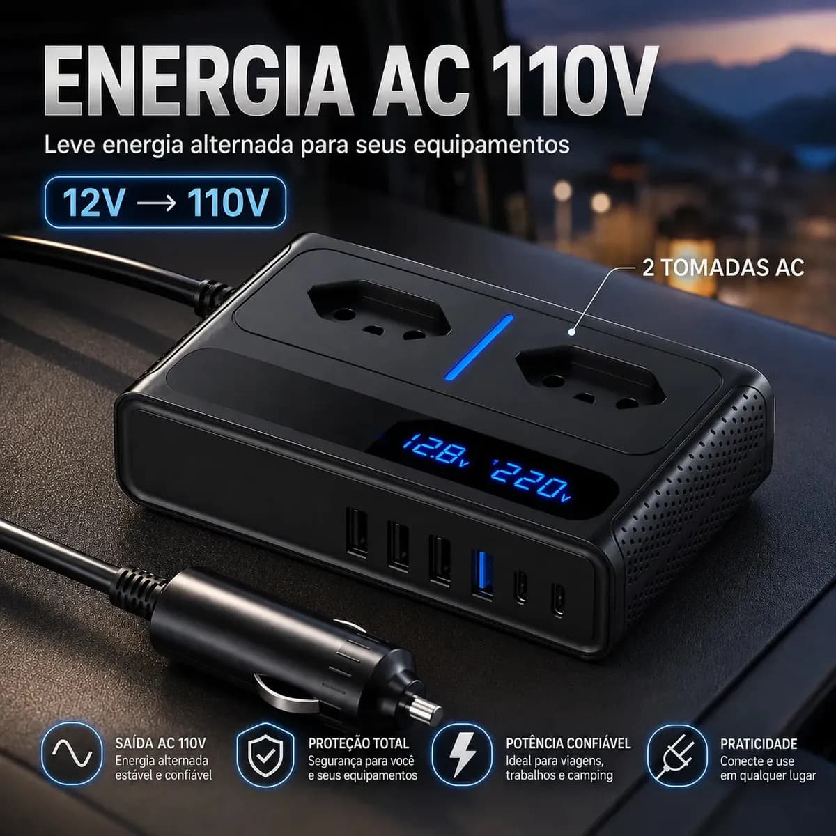 Inversor Veicular NTESX 12V para 600W Conversor de Energia com 2 Tomadas 6 USB USB-C PD Fast Charge para Carro Motorhome