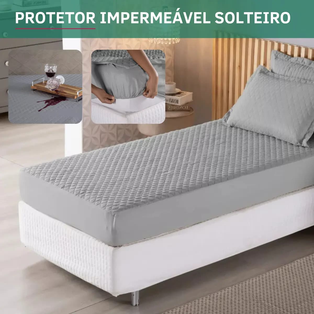 Capa Protetora Para Colchão Impermeável Matelado Solteiro Antiácaro Antialérgico Macio E Confortável Cinza