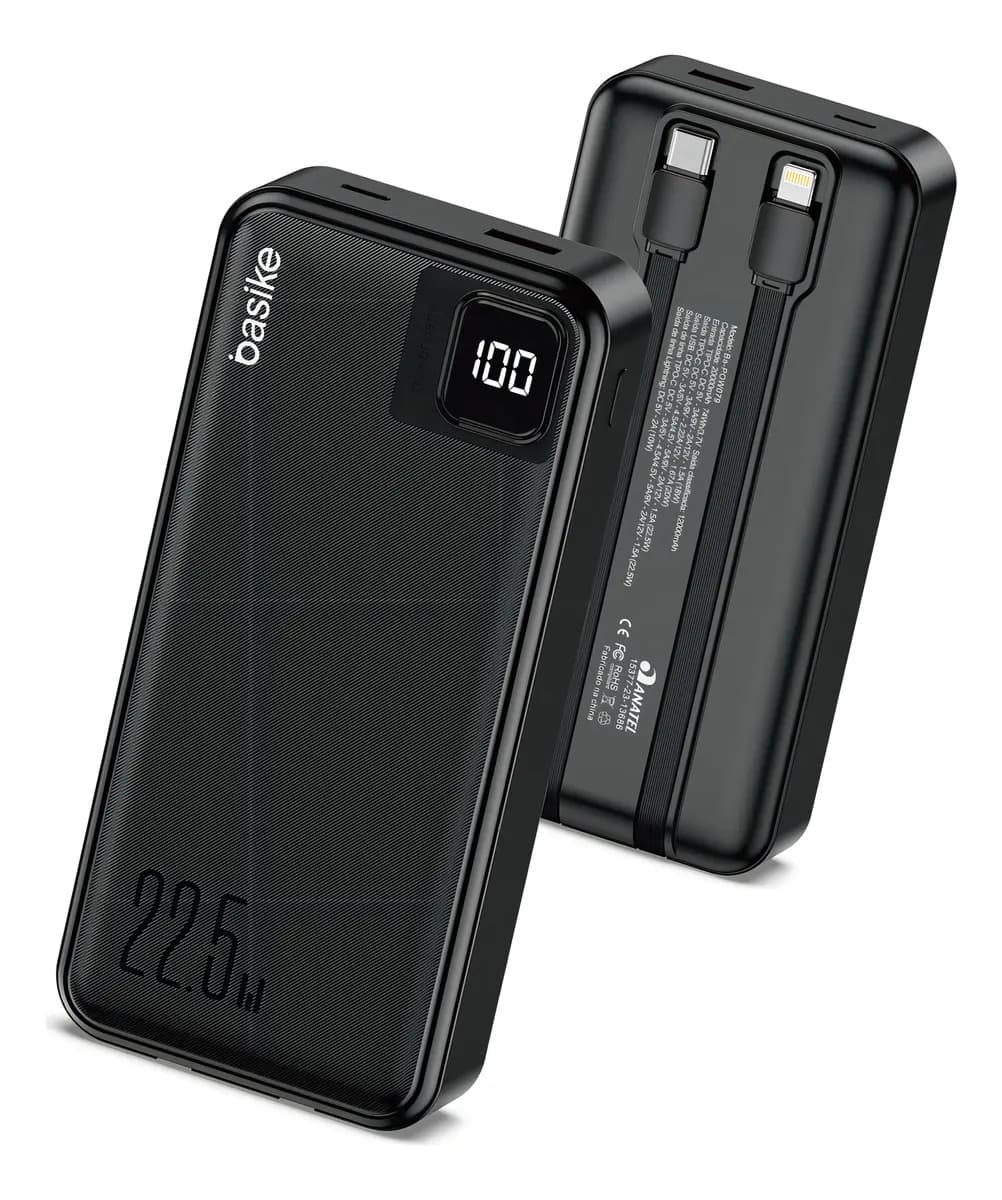 Power Bank Basike 20000mAh Preto, Carga Rápida 22.5W para iPhone e Samsung, Com Cabos Embutidos e Display