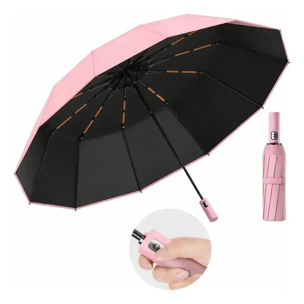 Guarda chuva automático abre e fecha reforçado contra vento cor rosa desenho do tecido liso