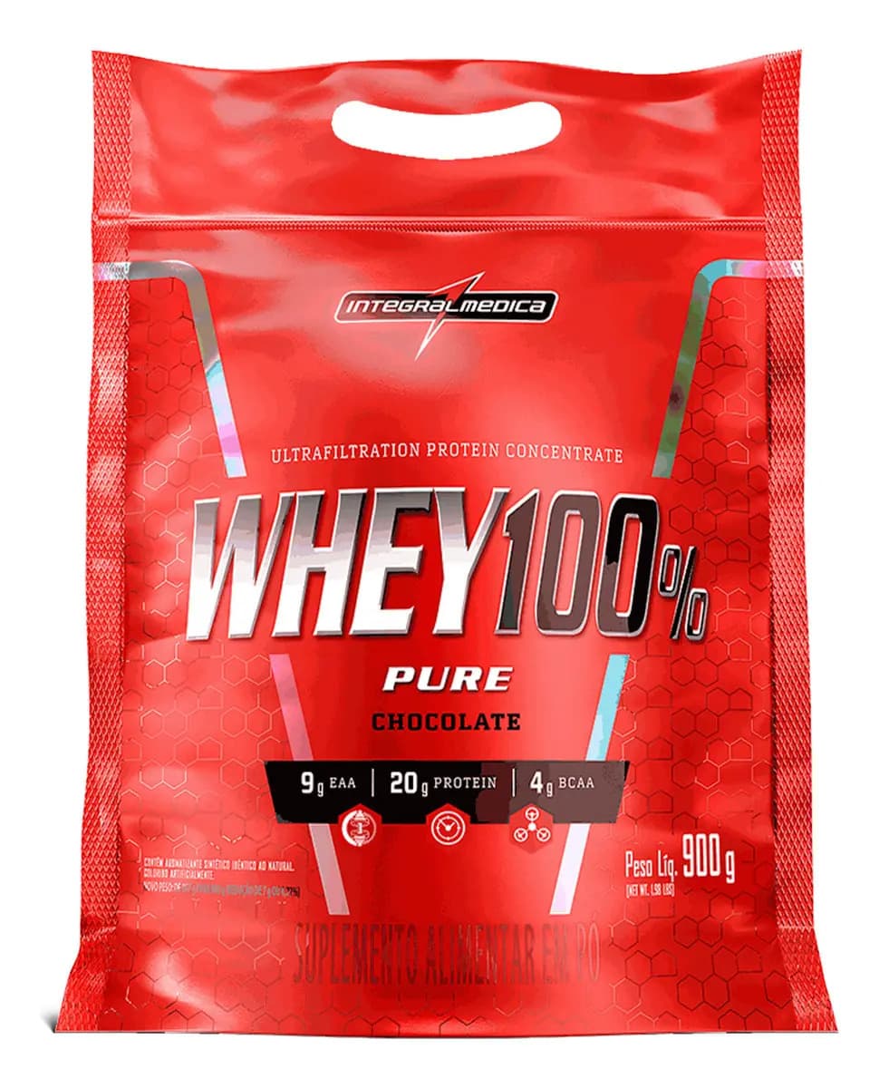 Whey 100% Pure Pouch Chocolate 900g Integralmedica - Pós-Treino Completo com BCAAs e Rápida Absorção