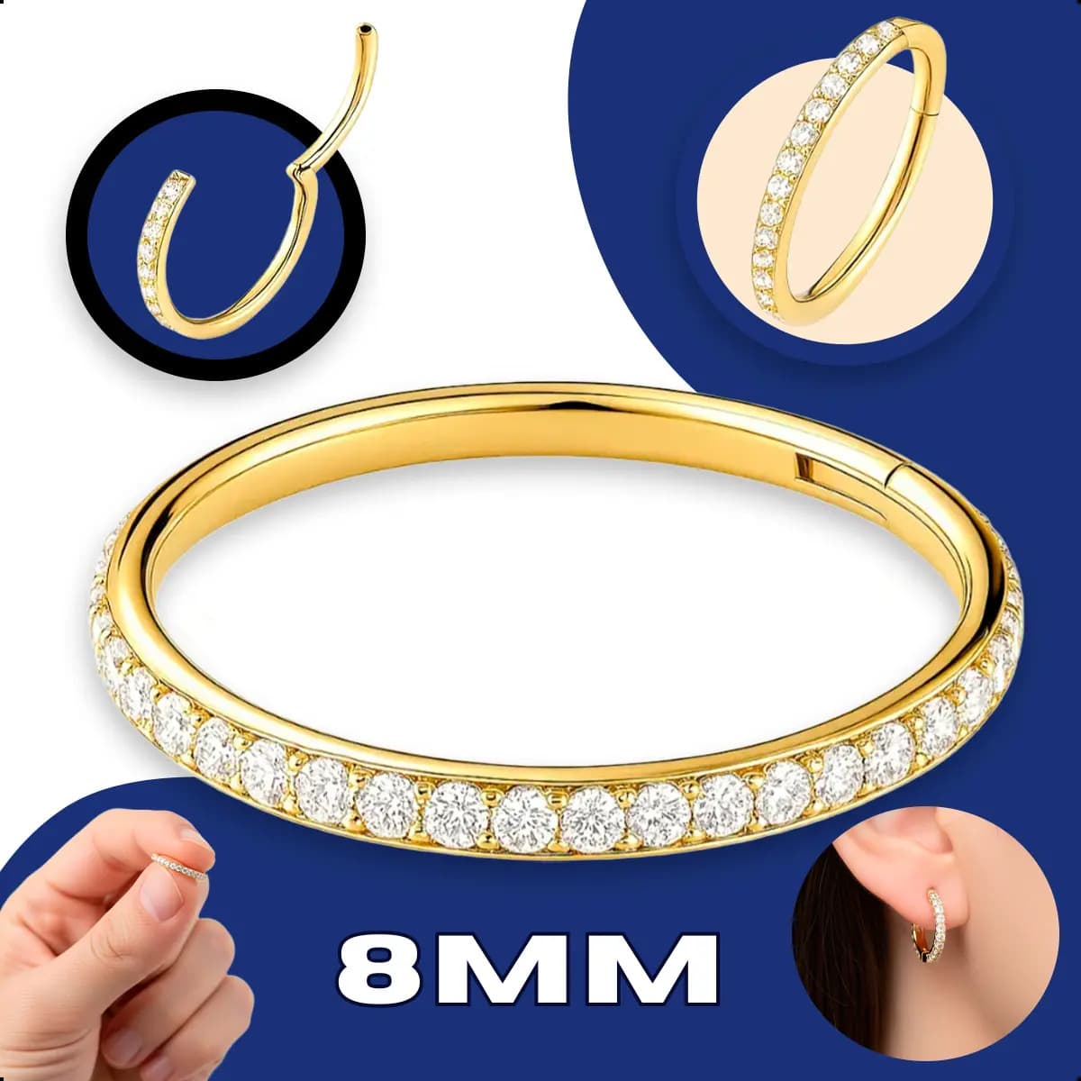 Piercing Titânio Argola Click Cravejada 8mm Dourado Addiesdive®