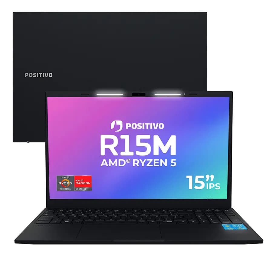 Notebook Positivo Vision R15M AMD Ryzen 5-5625U Linux 8GB RAM 256GB SSD Wi-Fi 6 Tela 15” Full HD IPS Antirreflexo - Minitela 1,54" - Lumina Bar com 3 Níveis Permite upgrade de memória RAM e SSD Preto