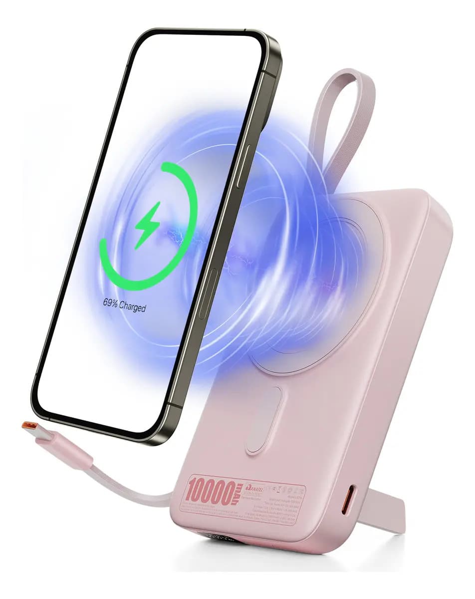 Power Bank Magnético Basike 10.000mAh para iPhone e Samsung com Cabos Embutidos - Rosa