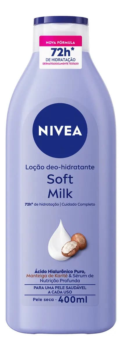 NIVEA Loção Deo-Hidratante Soft Milk 400ml, Hidratação Profunda 72h, Hialurônico Puro, Corporal, Pele Seca