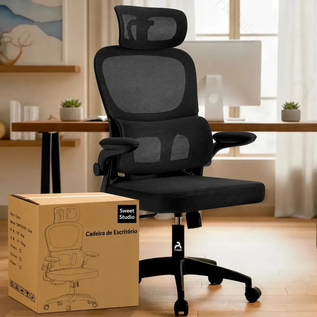 Cadeira de Escritório Sweet Studio Ergonômica Preta, com Apoio de Cabeça e Suporte Lombar