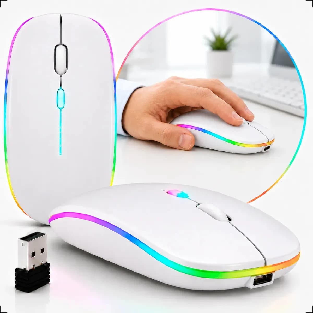 Mouse Sem Fio Recarregável Wireless Optico Led Rgb Ergonômico Sem Fio Para Pc Desktop Notebook Tablet Smartphone Branco