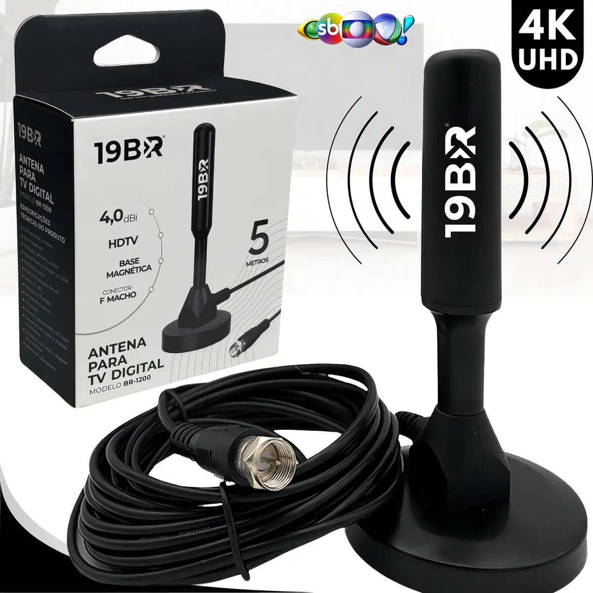 Antena Digital 4k Hd Interna Externa Para Tv Samsung LG Smart Led Lcd 3d Uhf Cabo Longo Com Base Magnética