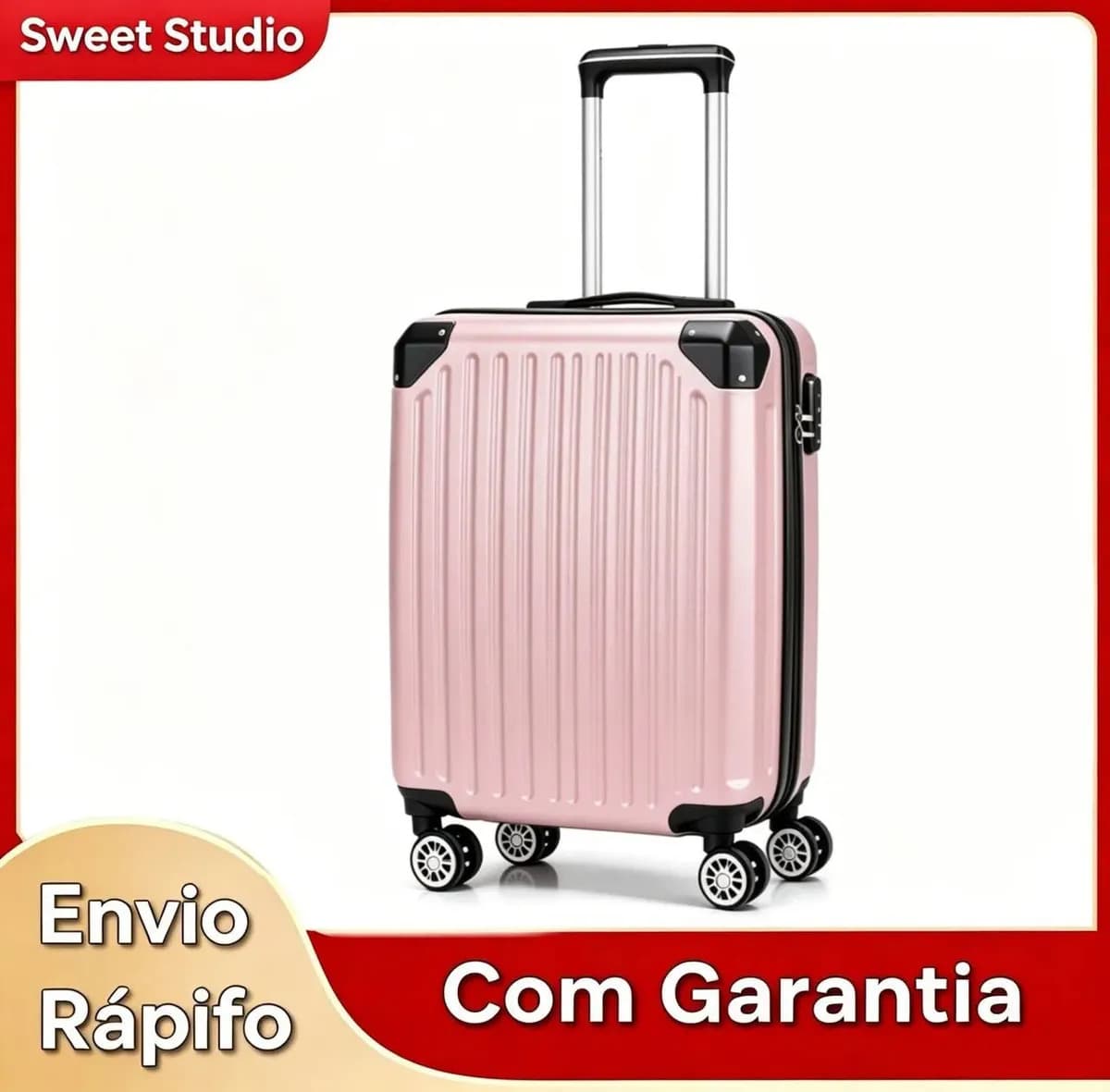 Mala de Bordo Rígida Sweet Studio em ABS Rosa para Viagem 47L com Rodas Duplas