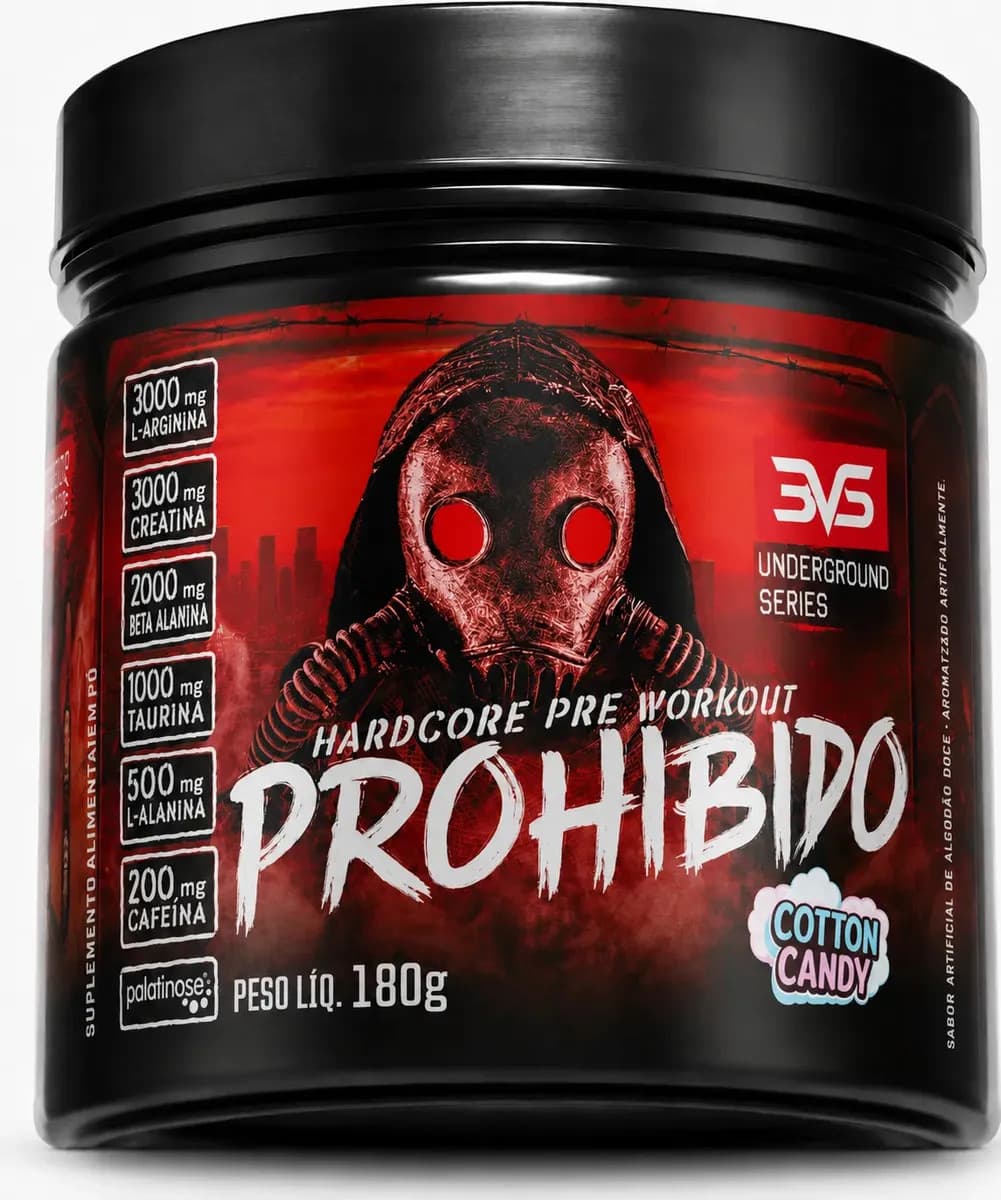 PRÉ TREINO PROHIBIDO 180g Sabor Cotton Candy - Fórmula Avançada contendo Creatina, Beta Alanina, Taurina, L-tirosina, L-alanina, Cafeína, Arginina e Palatinose - Extra Forte