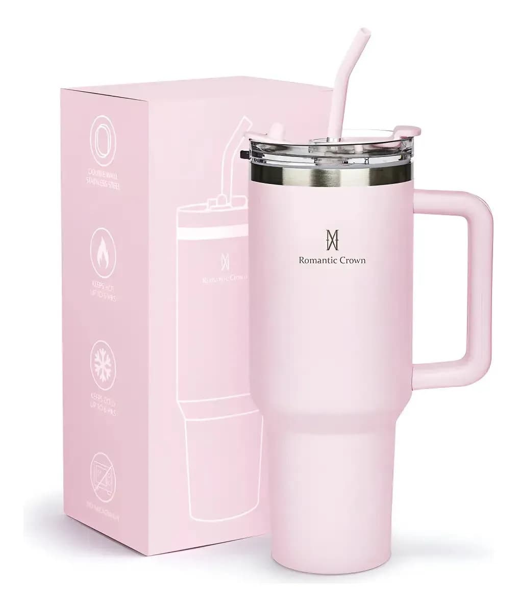 Copo Térmico Gigante 1,2l Inox Com Tampa E Inox Canudo Cor Rosa Cor Pura / Material Fosco