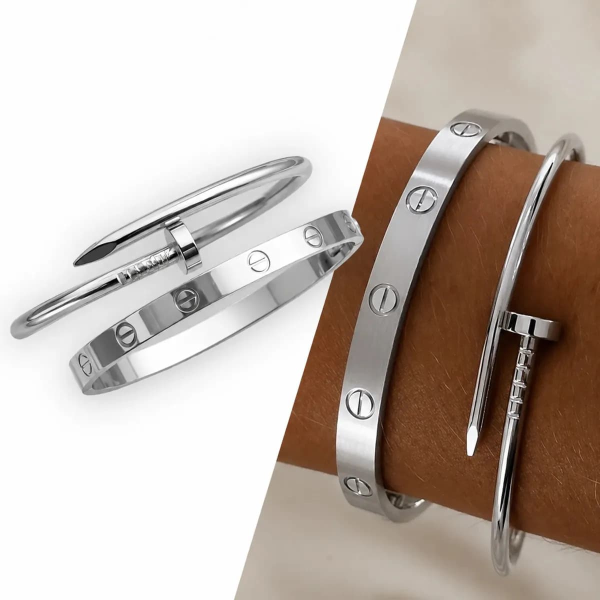 Kit 2 Pulseiras Bracelete Feminino Trevo Prego Love Aço Inox Prata 18 Cm