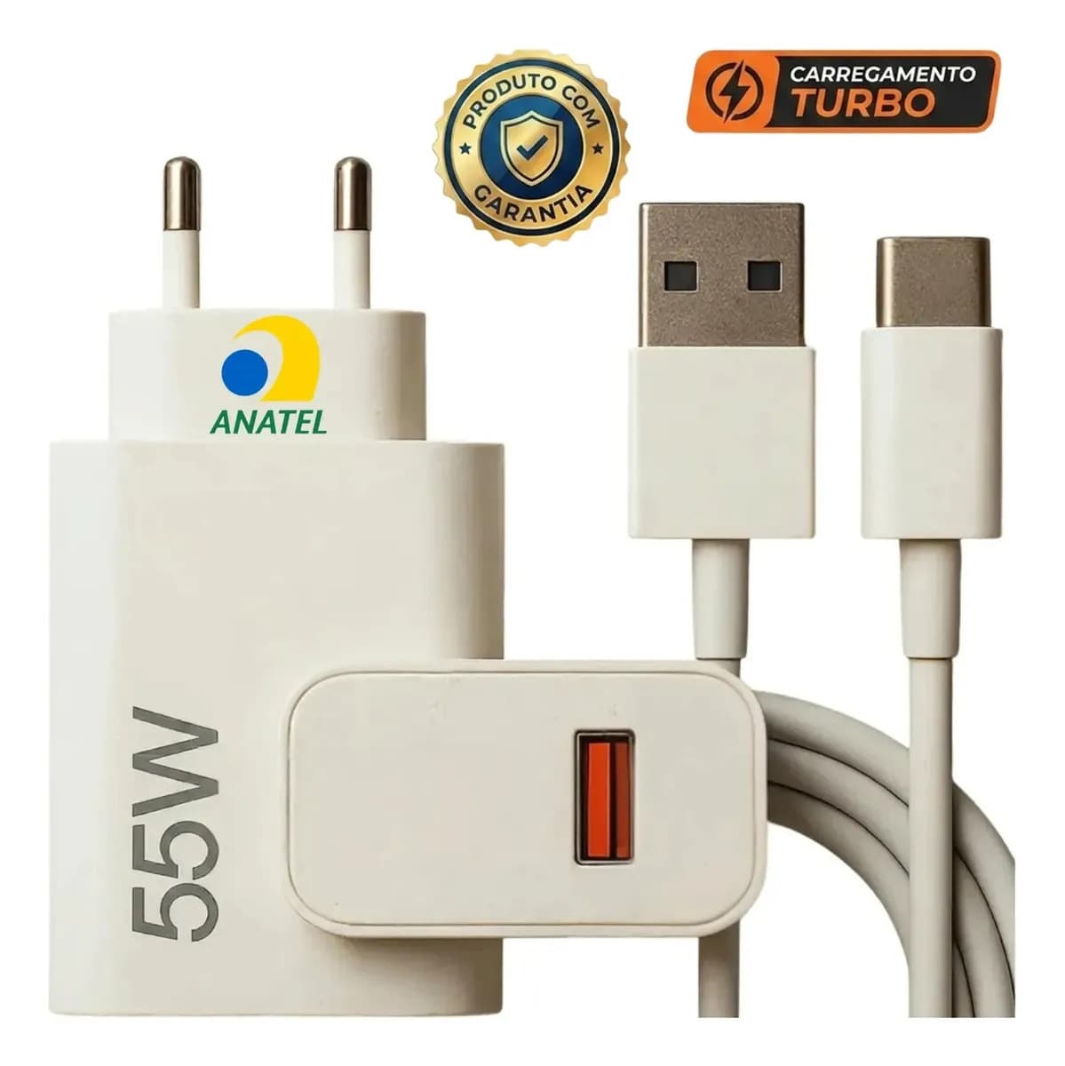 Carregador Turbo 55w USB-C Com Cabo Tipo C 1 Metro Fonte Bivolt 110v/220v, Carregamento Rápido Fast Charge, Ideal Para Celular Android, Compatível Com iPhone Samsung Motorola Xiaomi LG