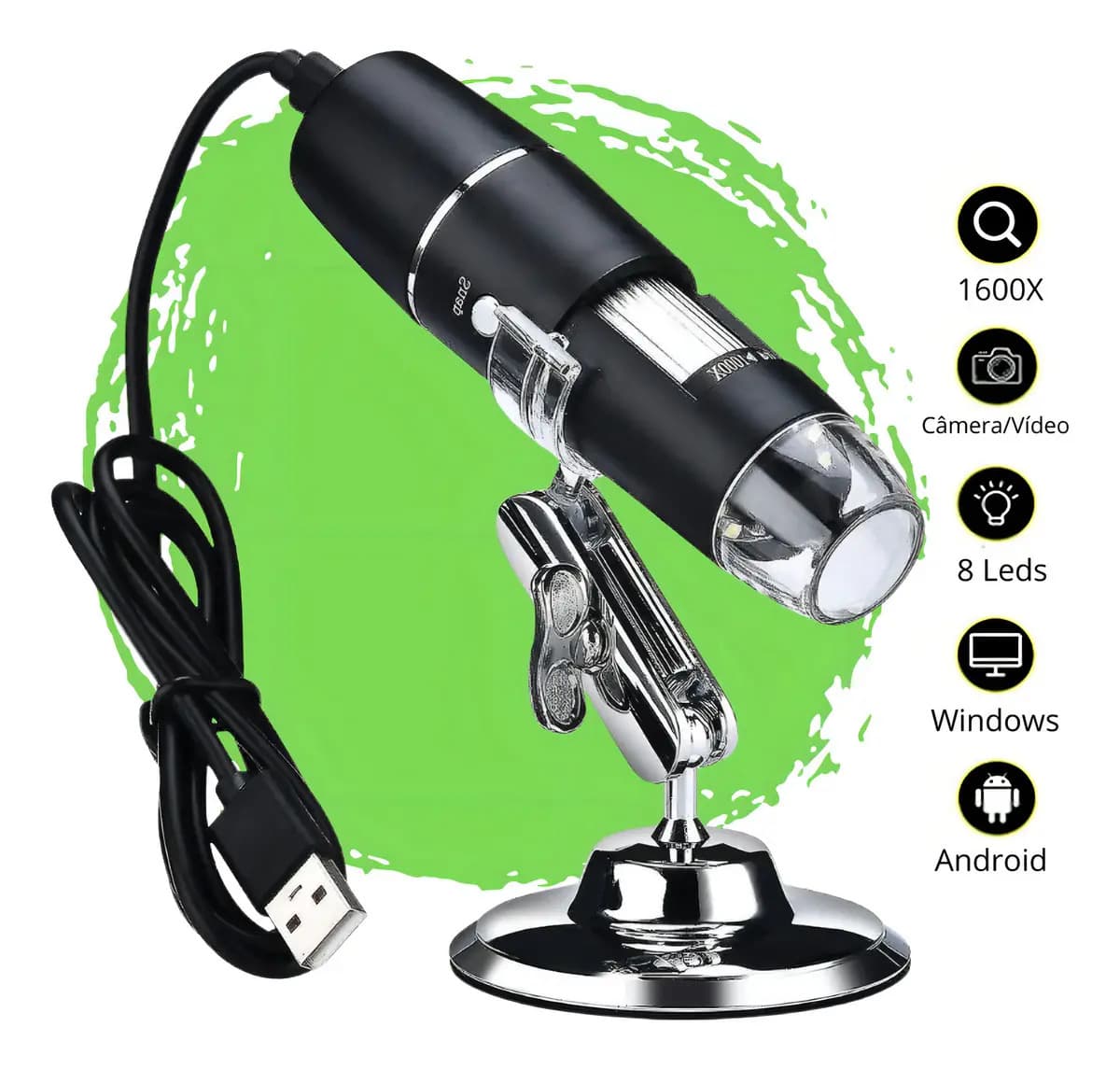 Microscópio Digital Zoom 1600x Lupa Microscópica Portátil Profissional Hd Com Cabo Usb Câmera 2.0 Mp Pc Android Tumblr
