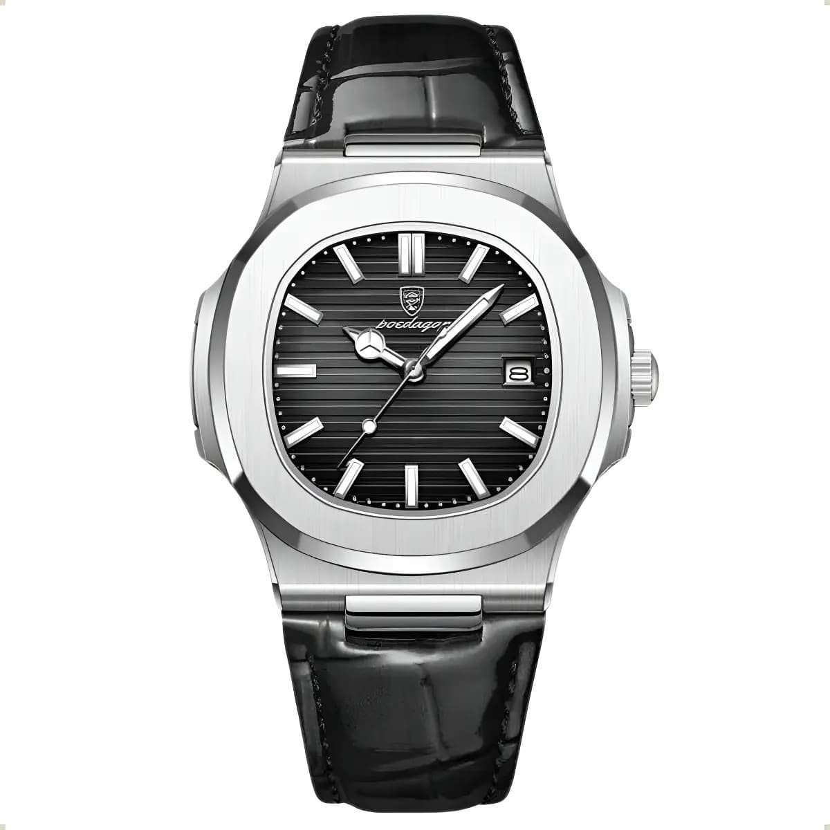 Relógio Classic Vintage Suíço Masculino Em Couro Esportivo Correia Preto Bisel Prateado Fundo Preto