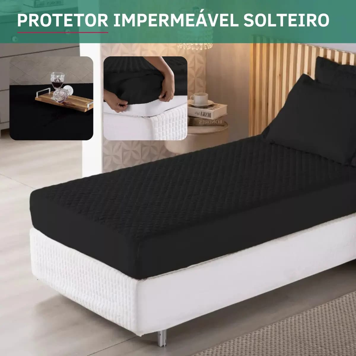 Protetor De Colchão Solteiro Impermeável Matelado Resistente A Líquidos Antiácaro Antialérgico Preto