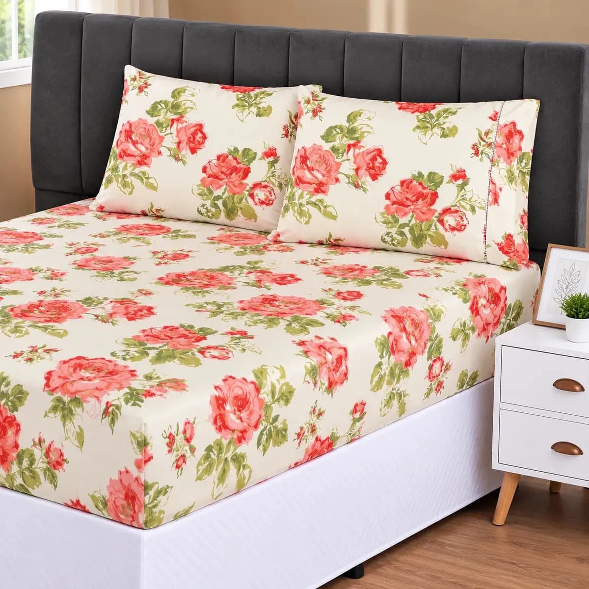 Jogo Lençol Casal 3pç 400 Fios Hipercal Conforto Macio Pétalas Rosa Com Verde Estampado