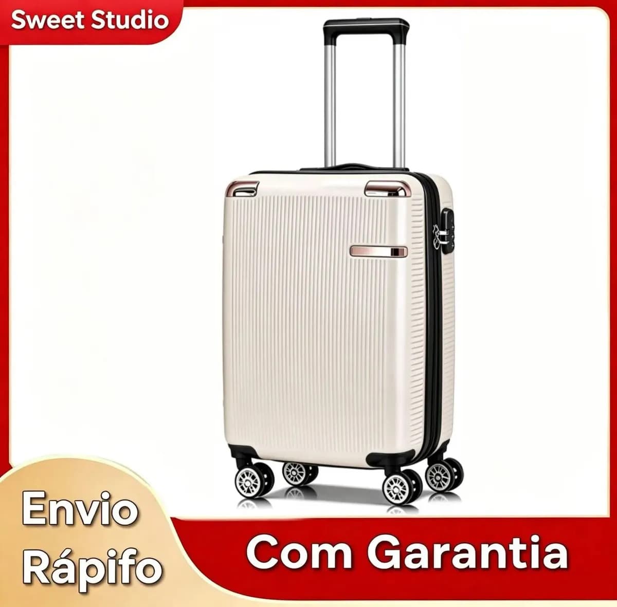 Mala de Bordo Rígida Sweet Studio Bege para Viagem, 55 cm, com Rodas Duplas e Cadeado