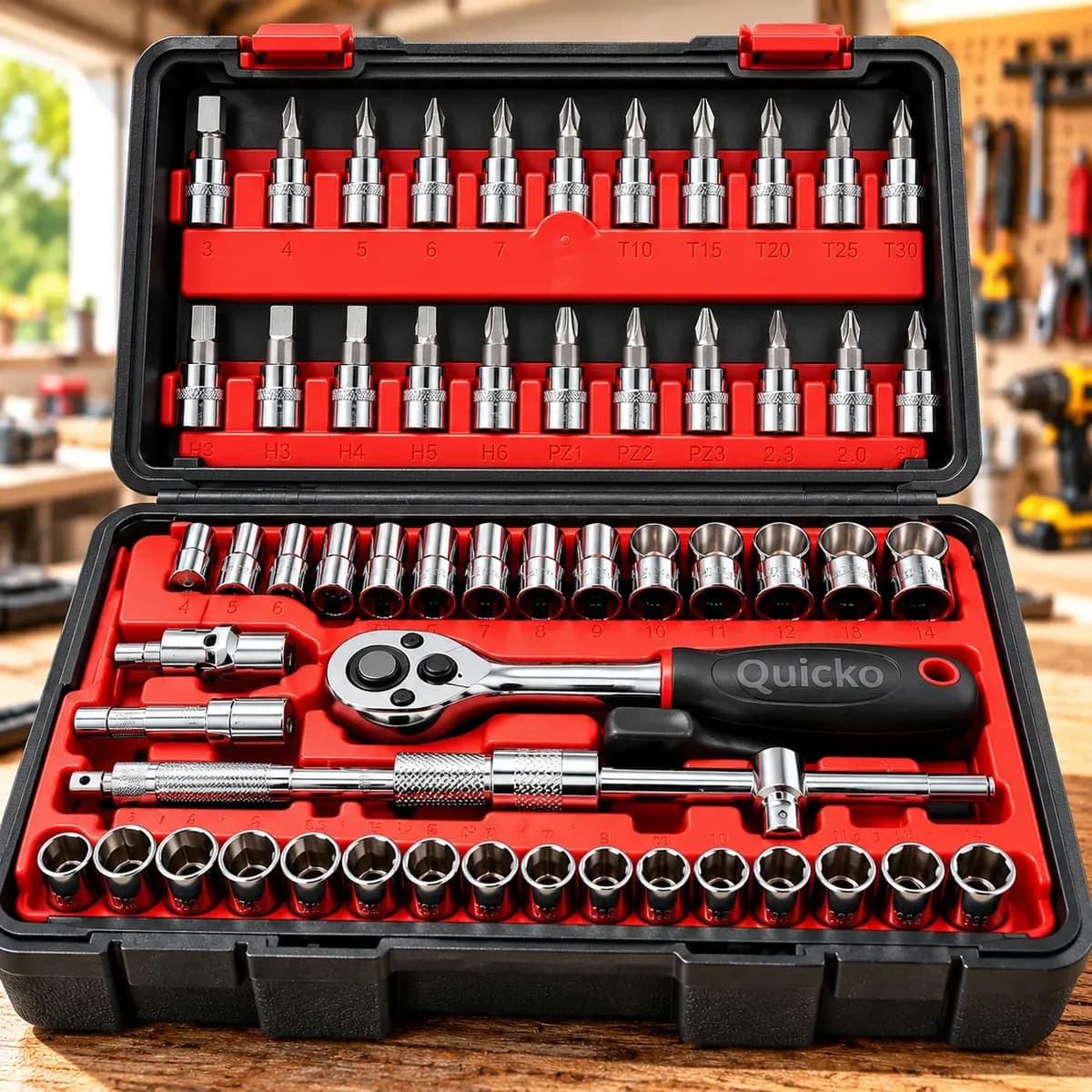 Kit Ferramentas 46 Peças Jogo Chaves Catraca Soquetes Allen Torx Fenda Phillips Maleta Completa Manual Mecânico Manutenção Casa Carro Oficina Profissional ajustes e reparos diversos montagens Quicko