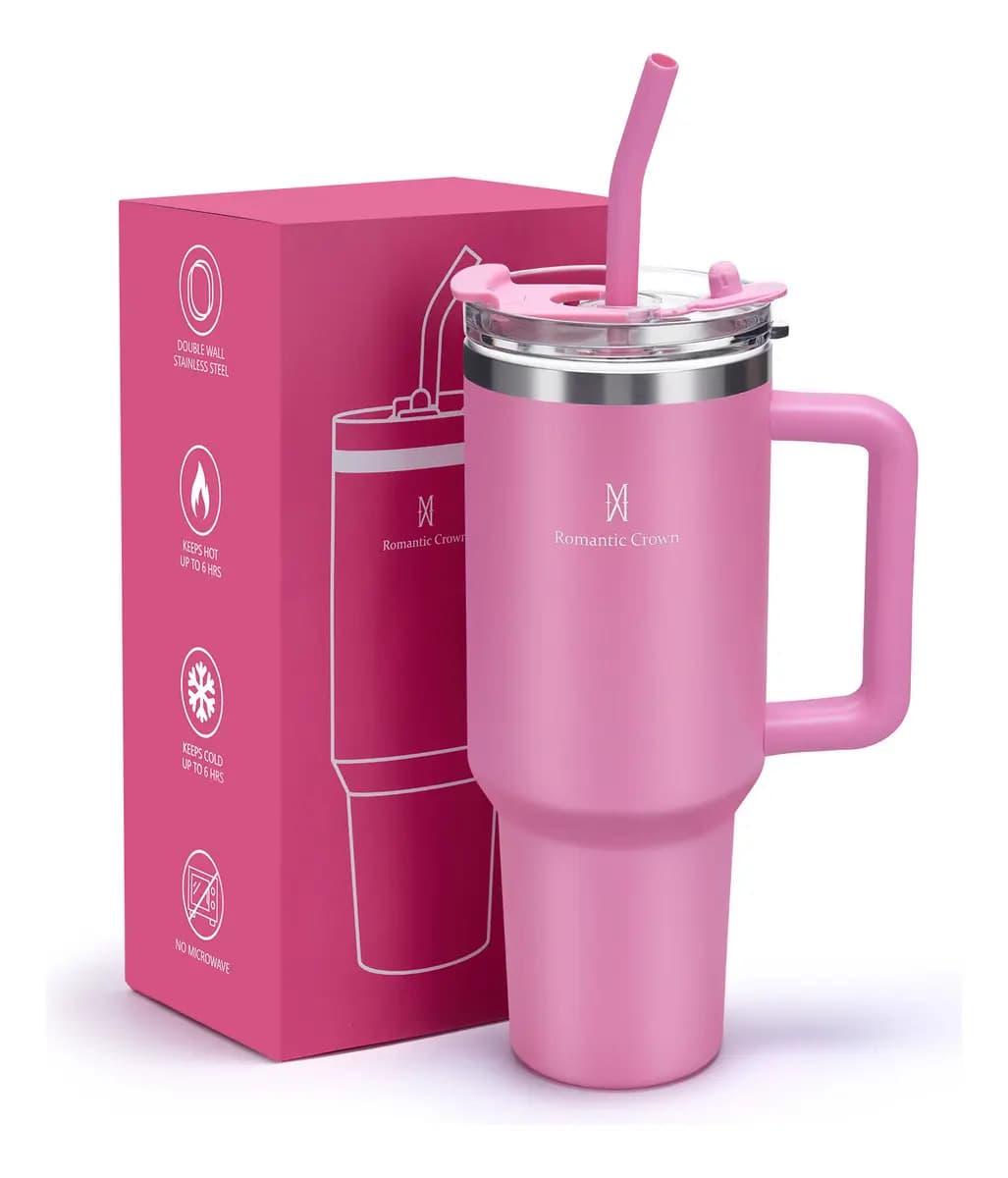Copo Térmico Inox 1,2l Com Alça, Tampa, Canudo Inox E Escova Cor Rosa Lisa