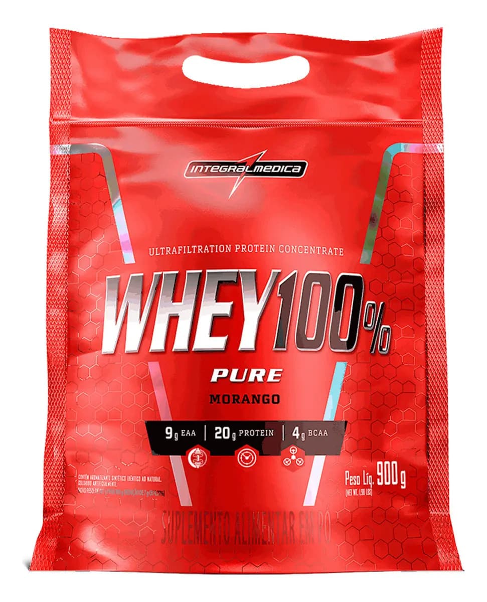 Whey 100% Pure Pouch Morango 900g Integralmedica - 21g de Proteína para Hipertrofia e Recuperação Muscular