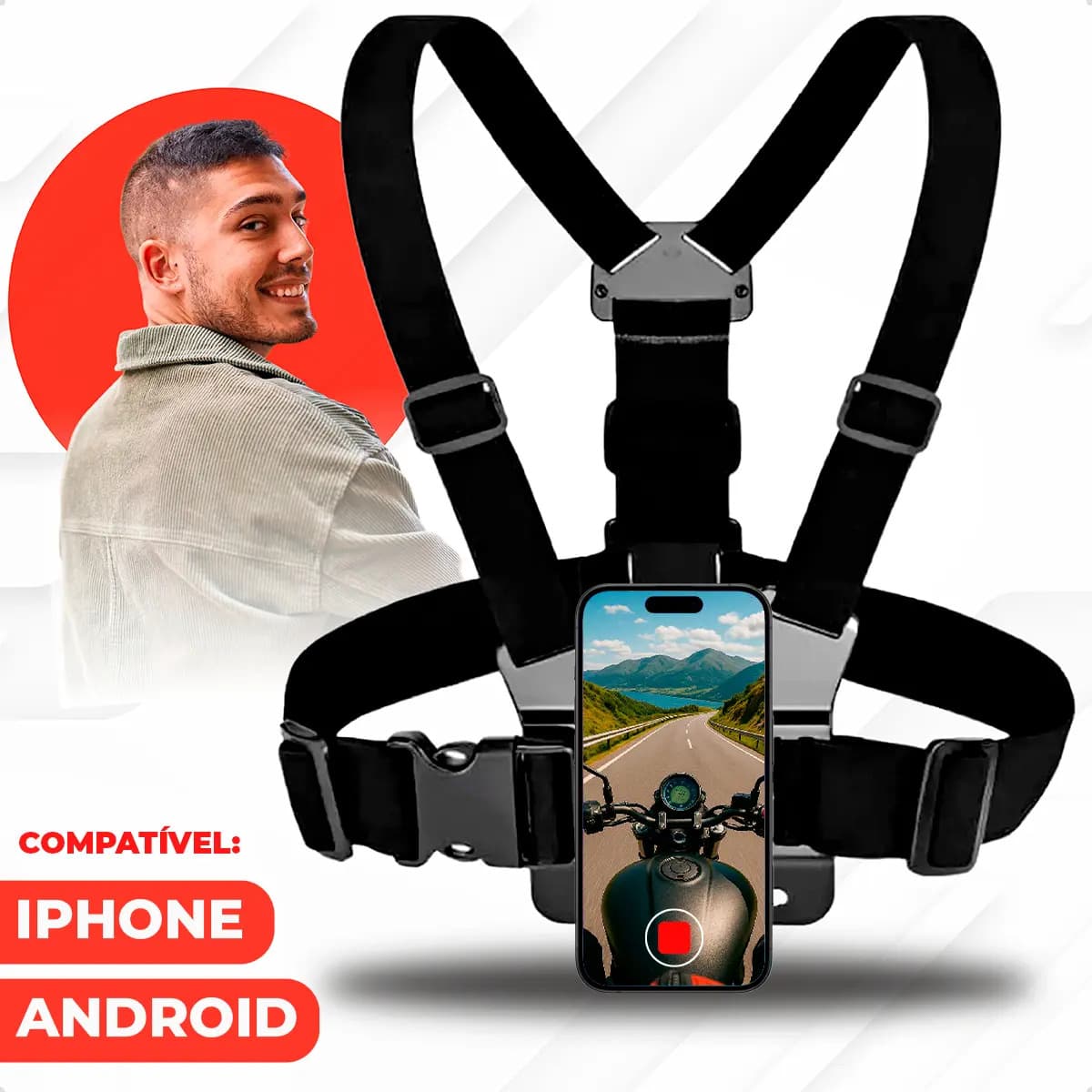 Suporte De Peito Peitoral Para Celular E Câmera Esportiva Gopro Ajustável 360° Colete Para Vídeo E Filmagem Esporte Moto E Bike Compatível iPhone Android Profissional