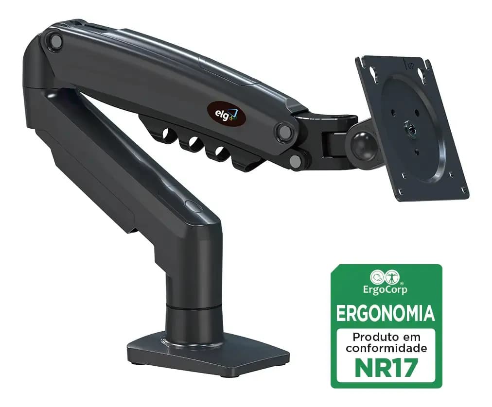 Suporte Articulado Mesa Monitor 17 a 35 Polegadas 9kg ELG Pistão a Gás Giro 360° Altura 14 a 42cm Avanço 54cm VESA 100x100 Preto F80N