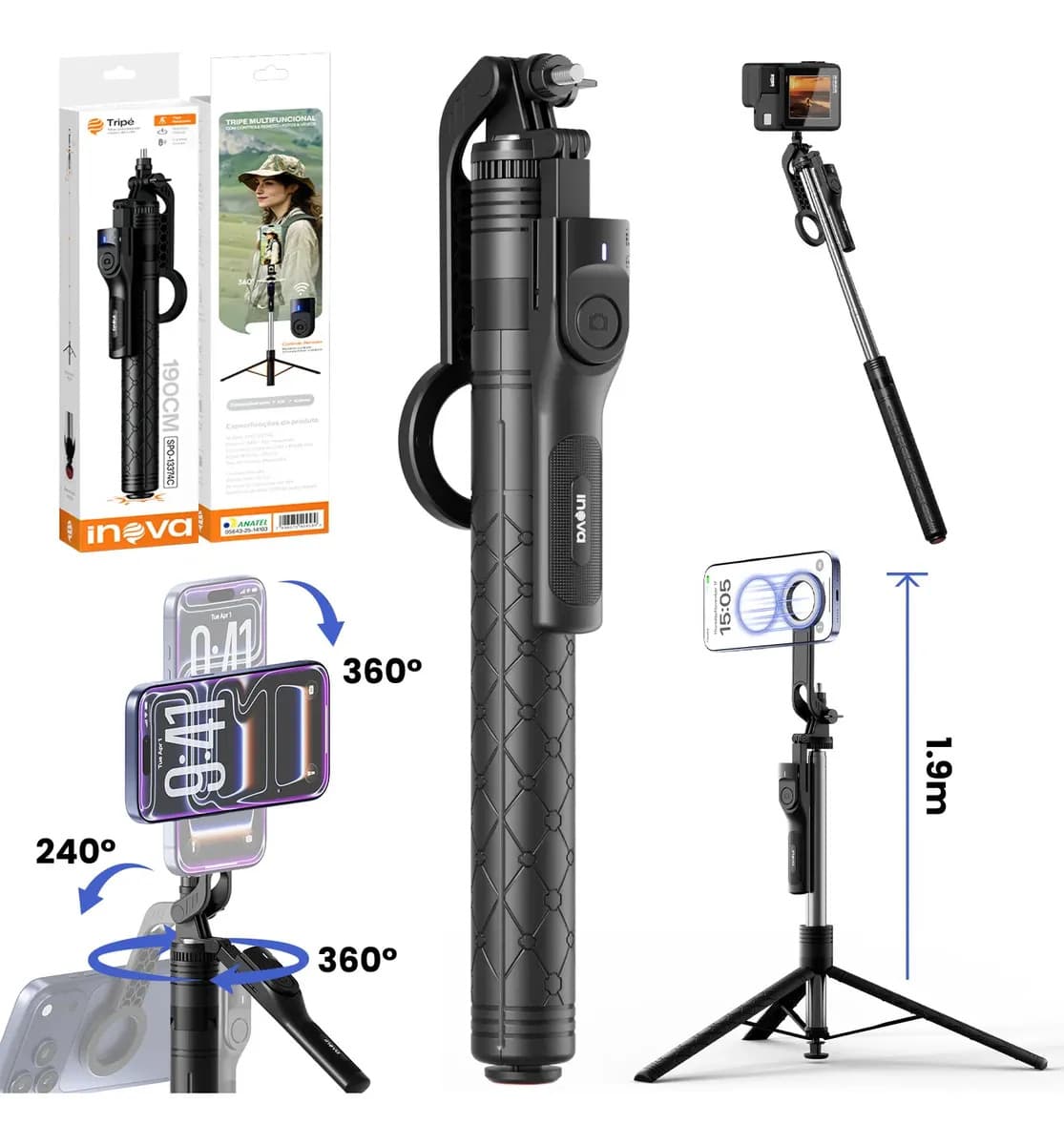 Tripé De Celular Magnético Profissional Pau De Selfie Portátil Extensível 1.9M, Com Abertura Automática E Controle Remoto Bluetooth, Celular 360° E 1/4 Interface, Para Viagem/Gravar Vídeo/Vlog TikTok