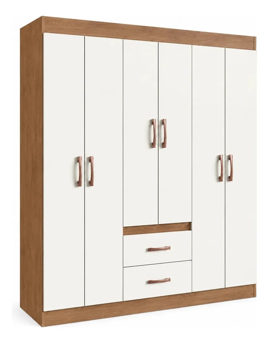 Guarda Roupa Solteiro 6 Portas 2 Gavetas Sidney Doripel Cor Off White/nogueira