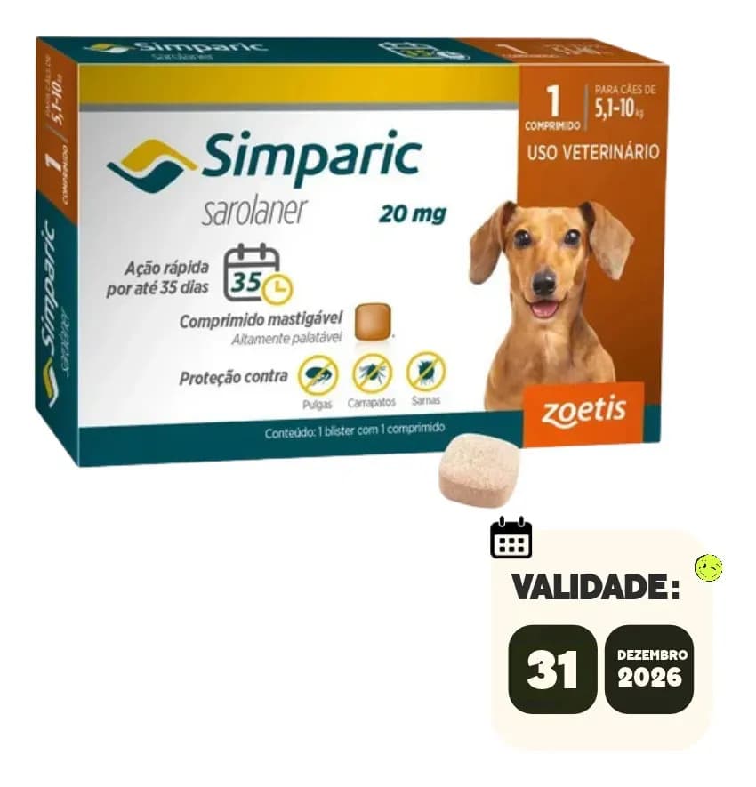 Simparic 20mg Antipulgas Cães 5 A 10kg 1 Comprimidos Zoetis