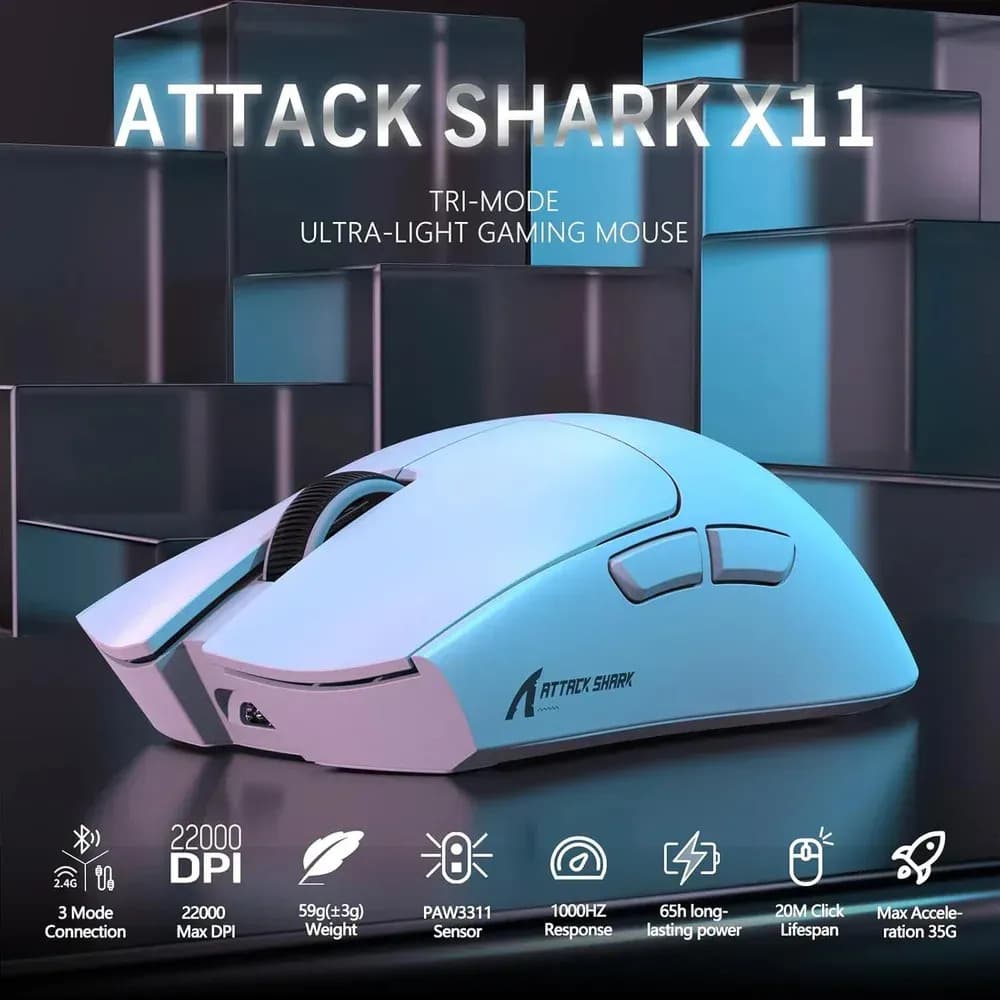 Mouse Gamer Attack Shark X11 22.000 DPI Ultraleve 63g Bluetooth 2.4GHz USB-C Branco