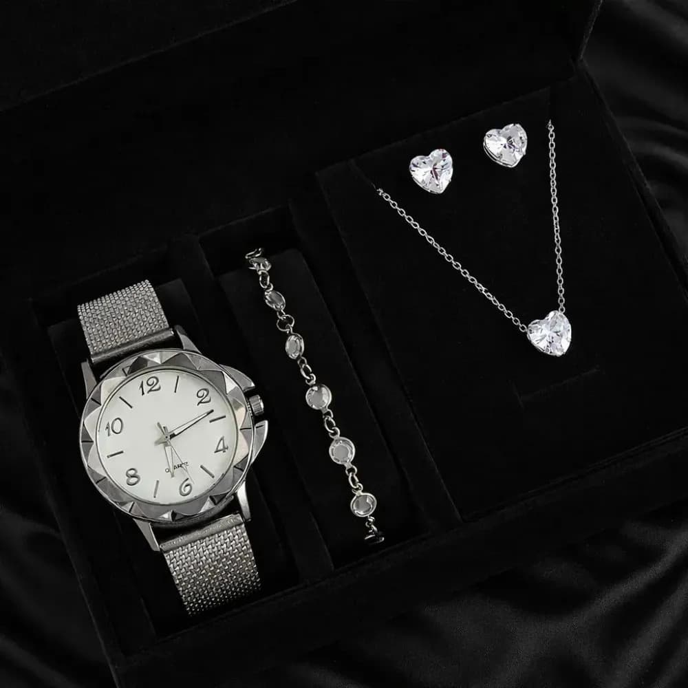 Kit Relógio Feminino Colar Brinco Pulseira Folheado Presente Prateado