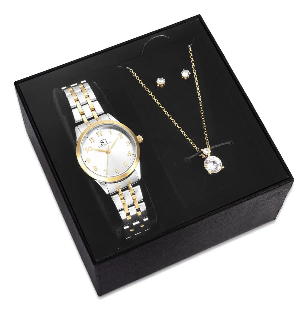 Kit Relógio Colar e Brincos Ponto De Luz Dourado e Prateado Feminino Luxo Saint Germain 28mm