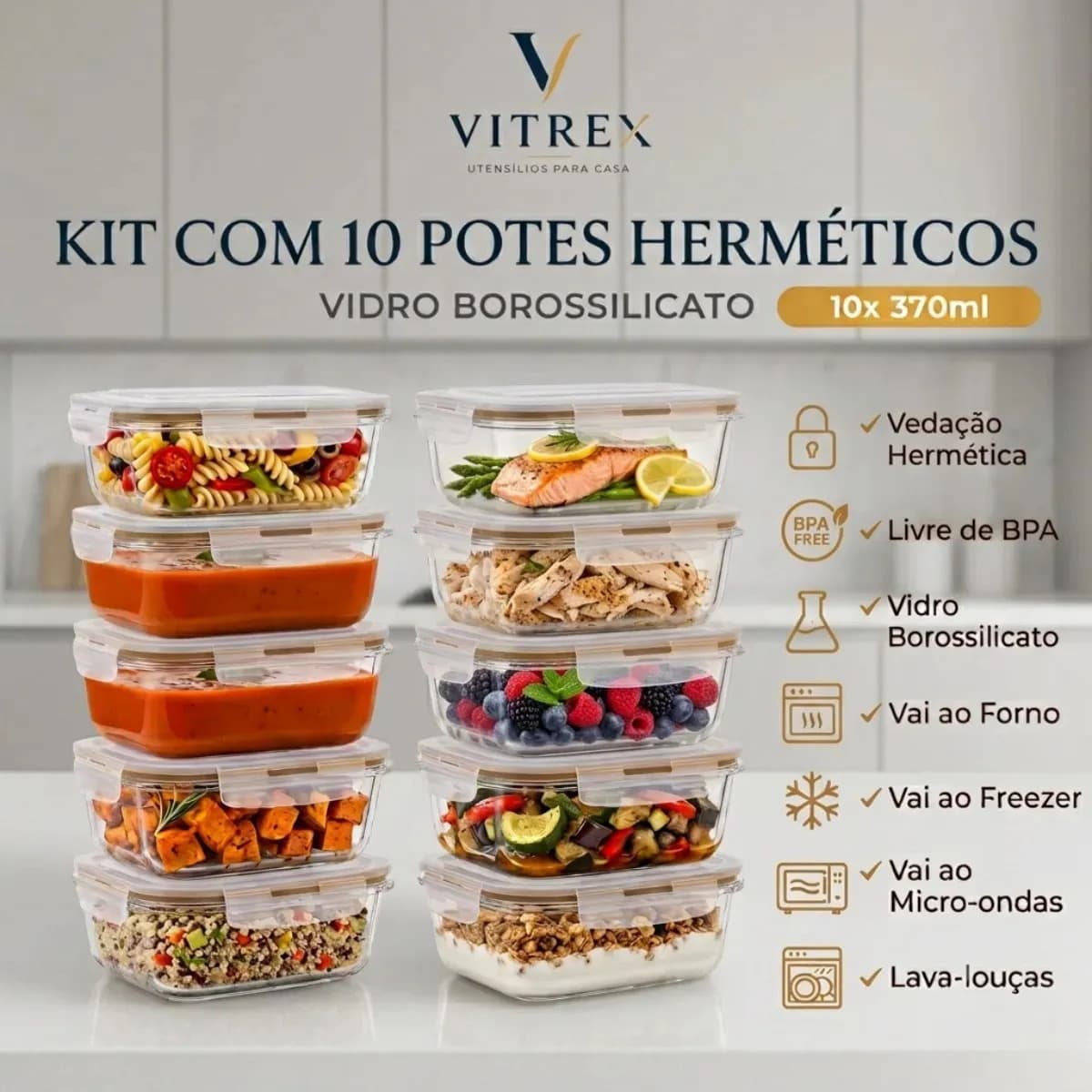 Kit 10 Pote De Vidro Marmita Hermético 370ml Freezer Vitrex
