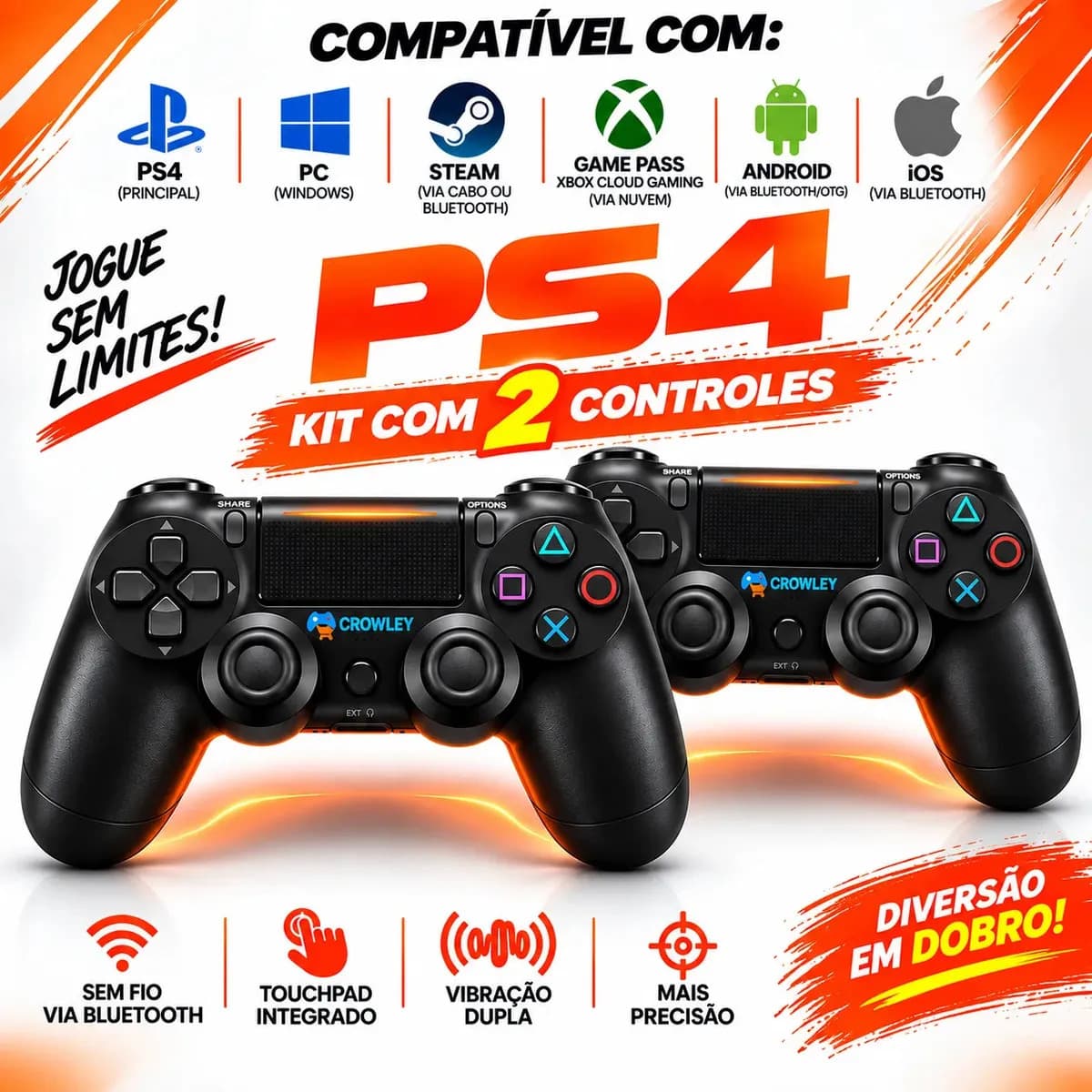 Kit 2 Controles Sem Fio Bluetooth Para Ps Videogame Gamepass Steam Tv Smart c Gamer Celular Joystick Manete - Crowley
