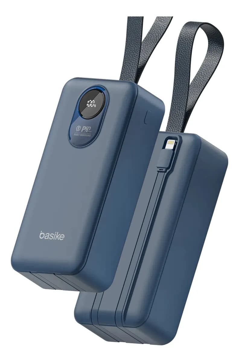 Power Bank Basike 30.000mAh Portátil, Carregamento Rápido 22.5W, com Cabos Embutidos e Display LED para iPhone e Samsung Azul