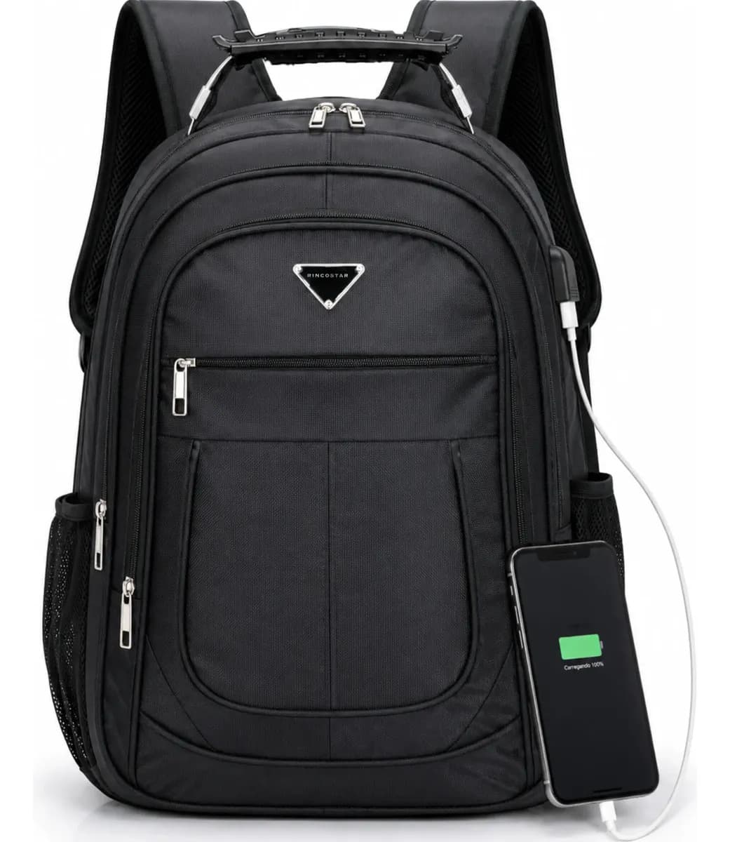 Mochila Notebook 17 Impermeável Reforçada Grande Masculina USB Escolar Trabalho Rincostar Preta Preto Liso
