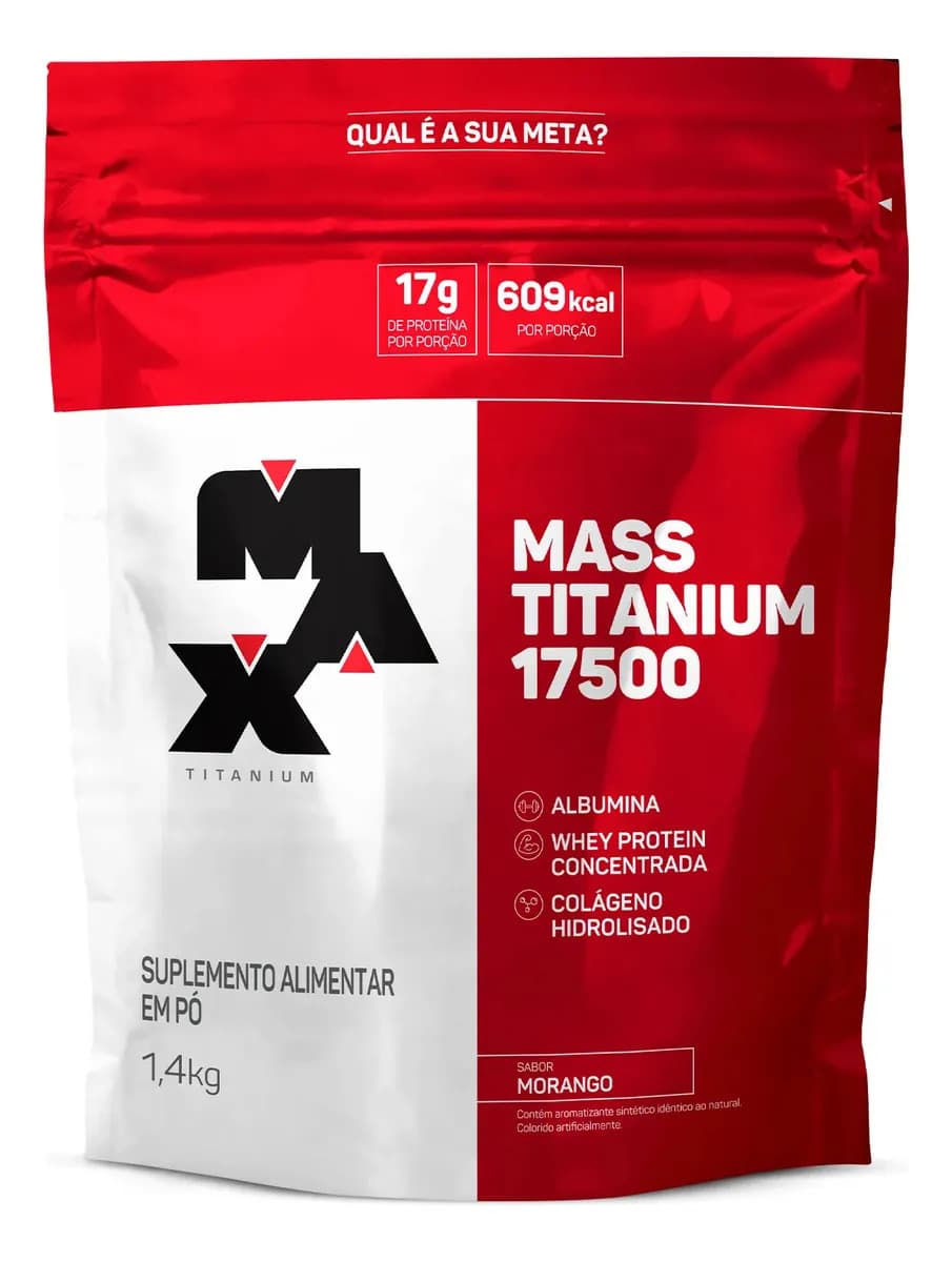 Hipercalórico 1,4kg Mass Titanium Max Titanium Sabor Morango Energia e Ganho Muscular