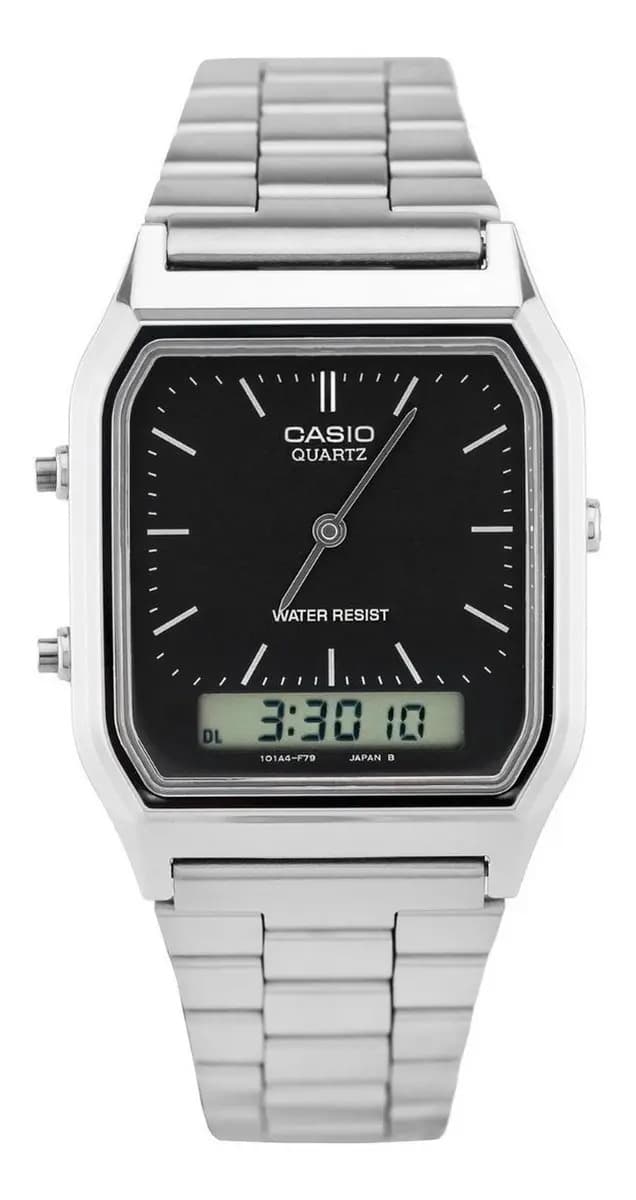 Relógio de pulso Casio AQ-230 com corria de aço inoxidável cor prateado - fondo preto/cinza