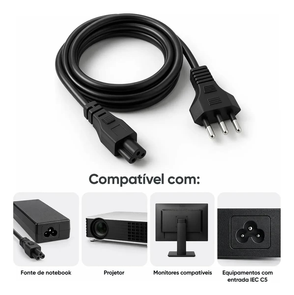 Cabo De Força Energia Tripolar Iec C5 Tipo Mickey Para Monitor Pc Impressora 1,5m Padrão Brasil Bivolt 110v 220v Para Computador Reforçado Alta Durabilidade Fonte Tv Nobreak Projetor Eletric Teck