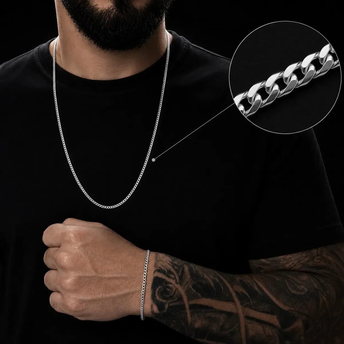 Corrente Cordão Masculino Grumet Aço Inox + Pulseira Conjunto Kit Colar 70cm Correntinha Masculina Para Presente Cor Prateado Prata Gourmet Inoxidável Fina Minimalista Legítima Escama De Peixe 1x1