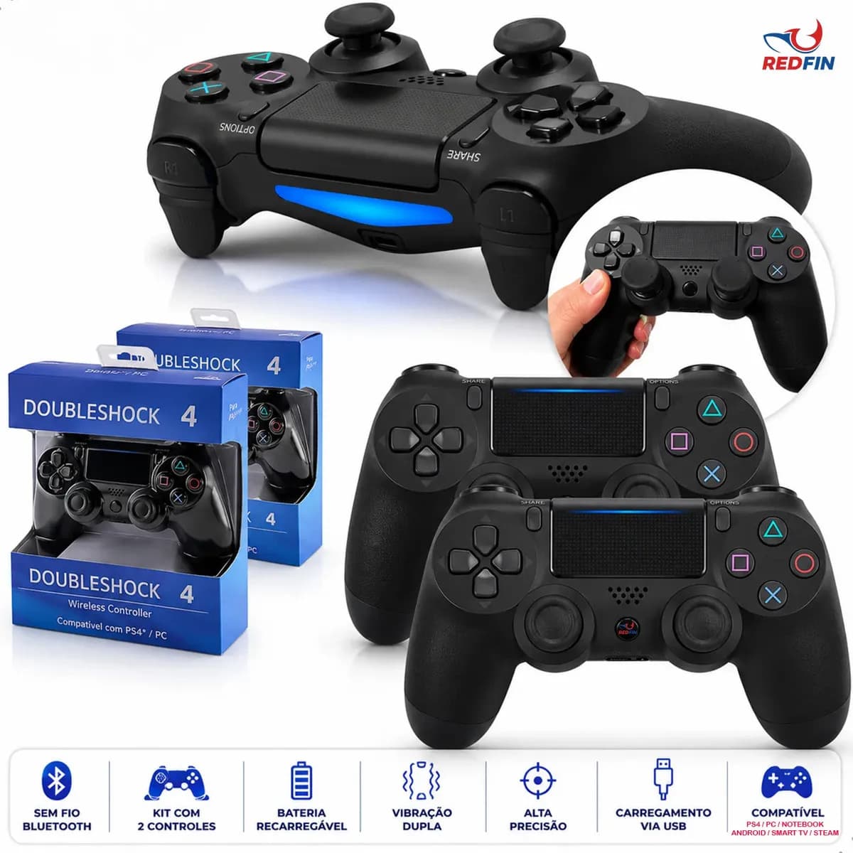 Kit 2 Controle Para Ps4 Sem Fio Redfin Para Ps4 Pc Bluetooth Touchpad Vibração Dupla Joystick Compatível PS4 Videogame TV PC Celular Android Manete Smart TV Headset - Redfin