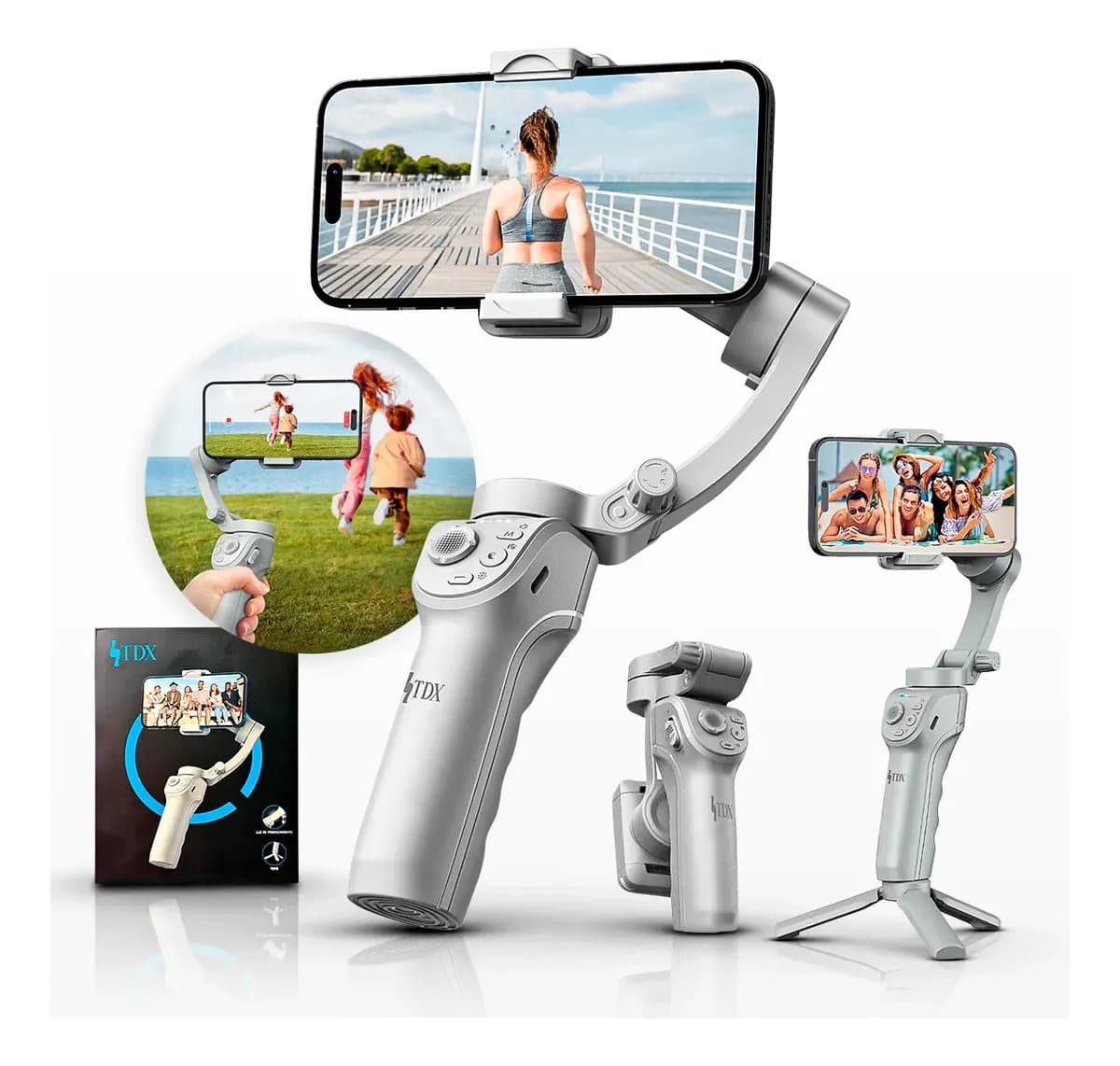 Gimbal Estabilizador De Vídeo 3 Eixos Com Tripé I.a Integrada Rastreamento Facial Pau De Selfie Adaptável Anti-tremor Câmera 360 Compatível Com iPhone Andoid Ios Modo Inception - TDX Cinza